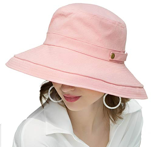 SOMALER Damen-Sonnenhut, Baumwolle, breite Krempe, LSF 50+, UV-Schutz, verstaubar, Strandhut, Sommer, Fischerhut für Reisen, Knopfverzierung, Rosa, Einheitsgröße