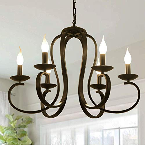 Ganeed Kronleuchter Französisch Land Vintage Metall Kronleuchter Beleuchtung Kerzenstil Pendelleuchte Hohe verstellbare Metallkette für Bauernhaus Esszimmer Küche Insel Foyer Schwarz 6 Lichter
