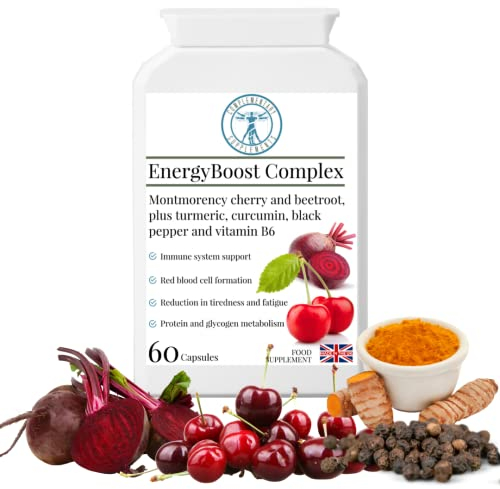 Complementary Supplements - Energy Boost Complex - Concentrated Energy Formula – High in Antioxidants & Natural Iron - Montmorency Cherry, Beetroot, Turmeric, VIT B6 – Vegan, 60 Capsules