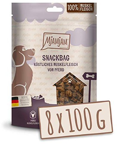 MjAMjAM - Premium Hundesnack - Snackbag köstliches Muskelfleisch vom Pferd, getreidefrei, Monoprotein, 8 x 100g