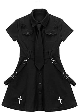 N/A/A Gothic Kleid Punk Gothic Harajuku Sommer Schwarz Minikleid Shirt Frauen 2021 Kurzarm Emo Kleidung Mall Goth Zubehör (Schwarz und Krawatte, M)
