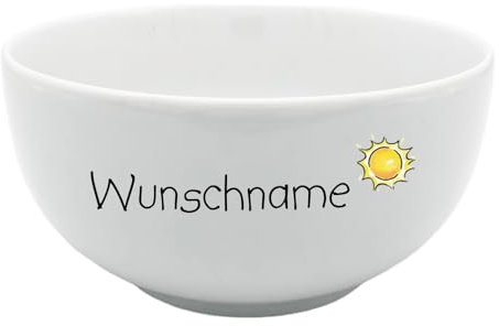 doriantrade Müslischale Porridge Schale Schüssel Porzellan Weiß Sonne personalisierbar mit Wunschname Name Geschirr mit Namen personalisiert