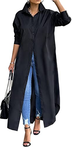 Choichic Button Down Dress for Women Casual Long Sleeve Collared Solid Color Loose Long Shirts Plus Size Maxi Dresses X-Large Black