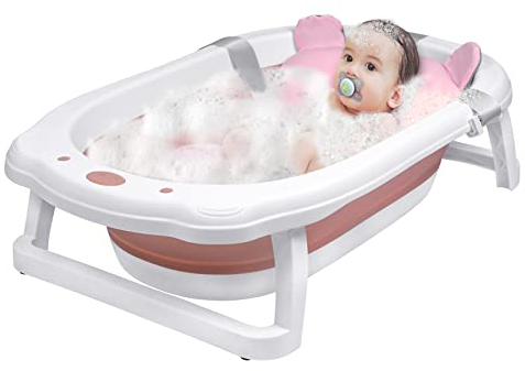Froadp Faltbare Baby Badewann Klappbare Babywanne mit Abflusslöchern & Rutschfestem Fußpolster Tragbare Kinderwanne Ergonomische Bathtub für Neugeborene Kleinkinder (Rosa, mit Sitzkissen)