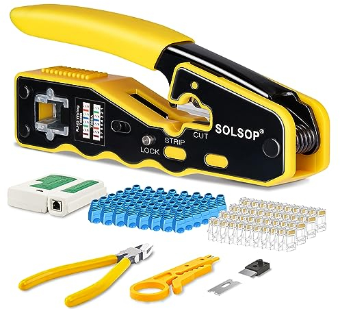 Solsop Network Cable Tester RJ45 Crimp Tool Pass Through Cat5 Cat5e Cat6 Crimping Tool Kit, 50PCS Pass Through Connectors, Mini Wire Stripper, Wire Cutter plier