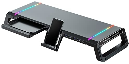 KYOLLY RGB-Gaming-Computer-Monitorständer – 4 USB-3.0-Hub, 3 Längenverstellbarer Computer-Monitorständer mit Schublade, Aufbewahrung und Handyhalter