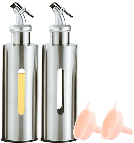 Set di bottiglie dispenser per olio d'oliva e aceto per cucina, in plastica trasparente da 290 ml, con versatore e imbuto (grande)