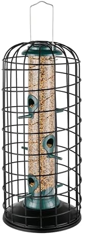 iBorn Vogelfutterspender mit Käfig gegen Eichhörnchen, Futterhaus für Vögel, Vogelhaus zum Aufhängen im Außenbereich, Robustes Metall, Grün,36,5cm