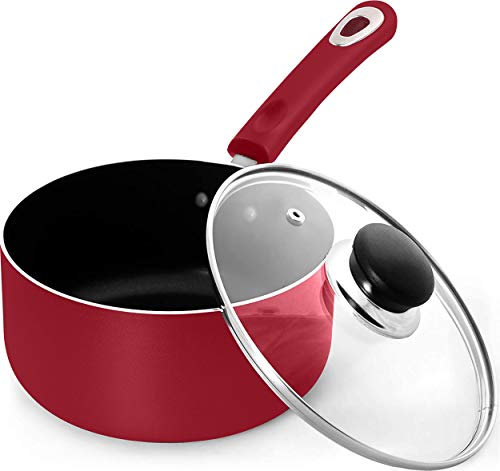 KICHLY 18cm / 2L Nonstick Saucepan with Glass Lid - Multipurpose Induction Pan for Home Kitchen or Restaurant - Milk Pan, (18cm, 2L, Induction, Red, Pack of 1)