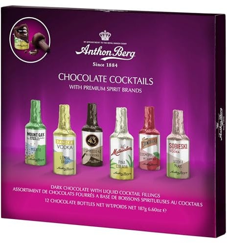 Anthon Berg - Cioccolatini Ripieni di Liquore Mix Cocktails, Confezione Regalo Elegante, Originali dalla Danimarca, 187 Grammi, 12 Pezzi