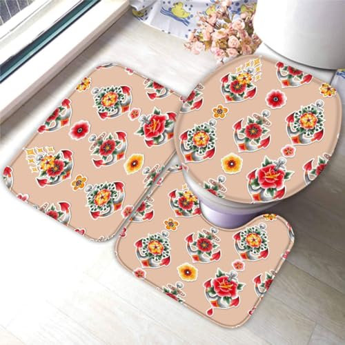 DEVOKE Badezimmer Badematte 3 Teilig Set Anker 3D Weichen Mikrofasern Rote Blume Saugfähige Teppich,WC-Deckelbezug,U-Förmige Matte Maschinenwaschbar Badvorleger 40X60