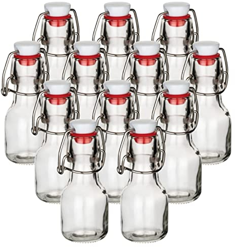 Gouveo Lot de 12 Bouteilles en Verre Avec Bouchon Mécanique - 60 ml, Vides, à Remplir, Idéales Comme Bouteilles de Liqueur, Mini Décoratives (BFR060)