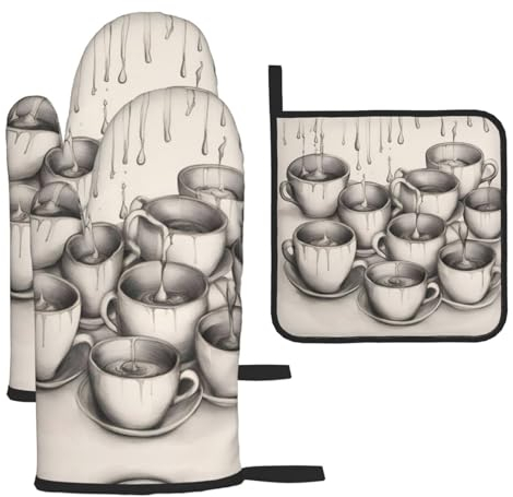 Handgezeichnete Teekannen und Tassen im wesentlichen Küchenset – hitzebeständiges Pad Set mit Backofen Tüchern – ein Muss in jedem Haus
