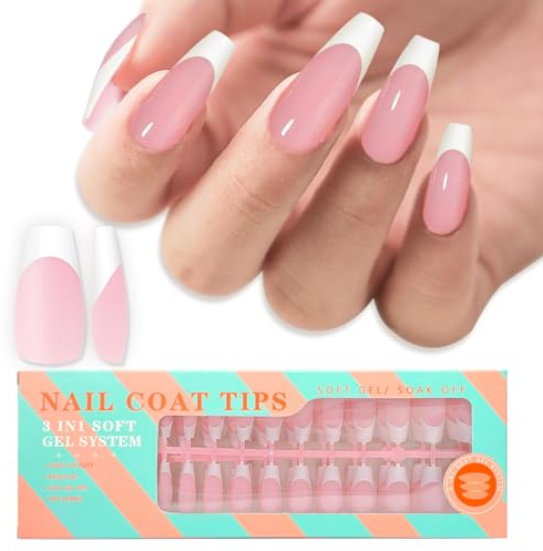 Medium Coffin Gel Nail Tips French Tips-Pink Soft Gel Fake Nail Tips 15 Sizes 150Pcs Pre-Primer&Base Coat&Color Gels French Nail Tips, DIY Press On Nail Tips for Nail Extension
