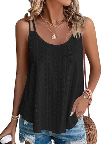 WNEEDU Canotte da Donna delle Signore Estate Maniche Camicie Casual Loose Fit Gilet Canotte per Le Donne Ricamo Occhielli Cami Canotta Nero M