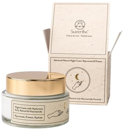 Suntribe Bio-Nachtcreme mit Hyaluronsäure, Retinol & Niacinamid / 50 ml - 3x Anti-Aging, 100% Natürlich - Feuchtigkeitsspendend, Arganöl & Aloe Vera - Nicht fettend, Parfümfrei, Vegan