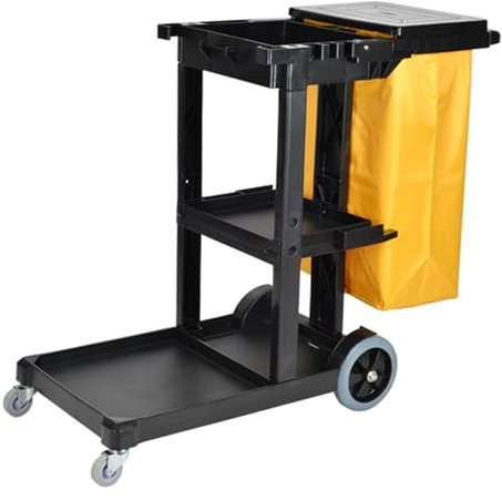 Chariot de Ménage Professionnel Commercial Chariot de lavage à 2 niveaux en Plastique avec Sac à Déchets (Black)