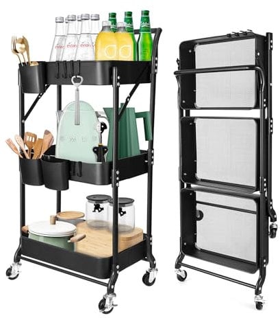 homeguru Beistellwagen 3 Etagen Küchenregal, klappbar Servierwagen mit Rollen, Metall-Stauraumwagen, Küchenwagen mit Griffen, Rollwagen Küche Trolley Kunststoff, Platzsparendes Badregal, Schwarz