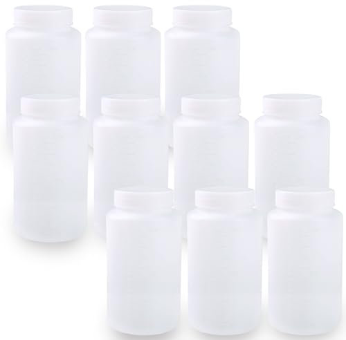 LEPEVNEY Lot de 10 bouteilles en plastique de 1000 ml pour réactifs chimiques de laboratoire – Large ouverture, étanchéité sécurisée des échantillons, récipient de stockage de liquide