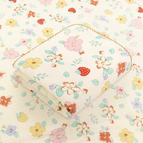 Hivia 110x100cm Musselin Decke-Musselin Becke Baby Sommer,2 Lagen Sommer-Babydecke Baumwolldecke,Weiche und Kuschelige Dünne Sommerdecke|Erdbeere