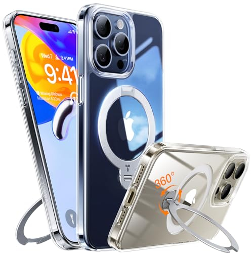 TORRAS Ostand Q3 Spin für iPhone 15 Pro Hülle (360° Magnetischer Unsichtbarer Ständer) Zertifizierte Militärschutz, MagSafe Kompatibel, Stoßfest Diamant-Klar Anti-Vergilbung Transparent