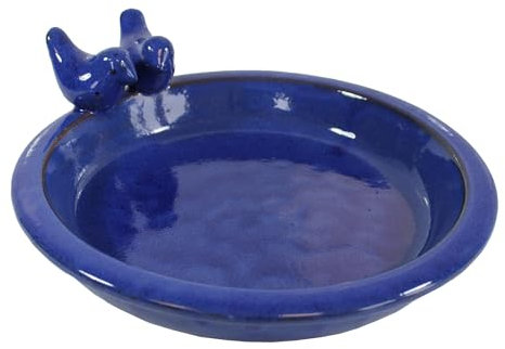 colourliving | Vogeltränke Winterfest rund 30 cm | Noble Keramik glasiert | Vogelbad mit 2 Deko Vögel | Vobelbecken Garten (blau)