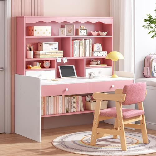QTQHOME Computer Desk with Storage Bookshelf,Wood Office Desk with Drawers/Shelves Storage,Computer Desk for Home Home Office Study Table Gaming Desk PC Laptop Workstation(120 * 48 * 154cm, Pink)