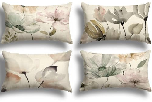 ZWJD Blumen Kissenbezug 30x50 4er Set Outdoor Kissen Dekokissen Leinen Kissenhülle Kissenbezüge Florales Aquarellgemälde Kissenhüllen für Sofa Wohnzimmer Zierkissen 30x50cm