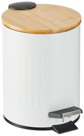 Relaxdays Cubo de Basura Baño 3 litros, Papelera Redonda, Tapa Soft Close de Bambú, con Bote Interior Extraíble, Blanco, 23,5 x 17 x 21,5 cm