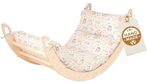 WoodsCraft Kletterbogen mit Kissen - Holz Klettergerüst Indoor - Hypoallergen Kissen für Kletterbogen, Holzwippe, Bogenwippe - Montessori Kletterspielzeug - Baby Klettern Indoor - Wippe Kinder