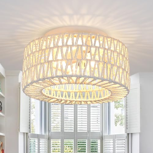 JHLBYL Vintage Weiß Deckenleuchte, Rattan Flush Mount Deckenleuchte, 3-Flammig Handgeflochtene Boho Beleuchtung mit E27 Basis, Rustikale Rattan Kronleuchter für Flur, Küche, Schlafzimmer, Eingang