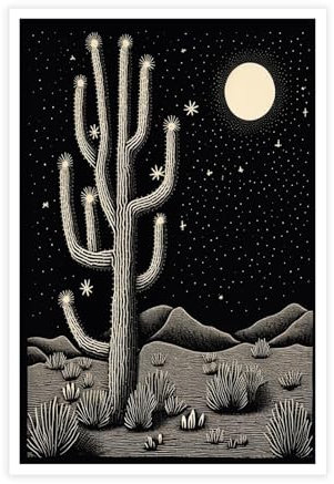 XUHZNXPW Affiches murales rétro en noir et blanc, motif cactus du désert à la tombée de la nuit – Décoration murale moderne du milieu du siècle pour chambre à coucher, salon, 30,5 x 40,6 cm, sans