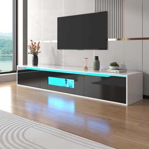 Merax High-gloss TV Cabinet in High-Gloss Black, LED TV Stand Cabinet with Colour-Changing LED Lights