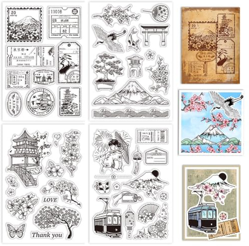GLOBLELAND 4 Blatt Japanische Clear Stempels Für DIY Scrapbooking Mount Fuji Kirschblüte Silikon Clear Stempel Siegel Transparente Stempel Für Kartenherstellung Fotoalbum Journal Home Dekoration