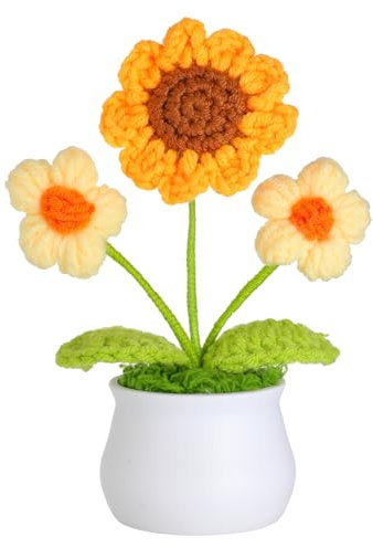 JUSTOYOU künstliche Blume Sonnenblume Häkelblume Blumen Topfpflanze, Mini gestrickter Blumentopf, kleine handgefertigte Häkelblume für Home Office Dekor, Geschenk für ihren Valentinstag (1, gelb)