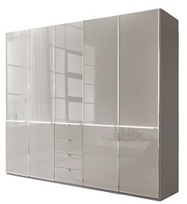 WIEMANN Drehtürenschrank mit 4 Schubkästen hochwertiger Kleiderschrank Schlafzimmerschrank 250cm breit, mit Schubladen, Glas Kieselgrau, Höhe 216cm, Shanghai