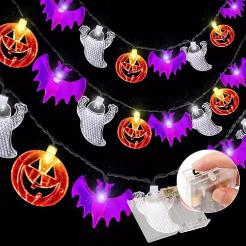 Guirnalda de Luces Halloween 4m 30 LED - Murciélagos, Calabazas, Araña, Fantasma - Decoración Interior y Exterior Con Pilas