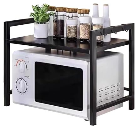 JSUDQR 2 Niveles Soporte Extensible para Horno de Microondas Negro Estanteria para Microondas en Acero al Carbono Organizador Estanteria para Encimera de Cocina con 5 Ganchos Longitud 40-60cm