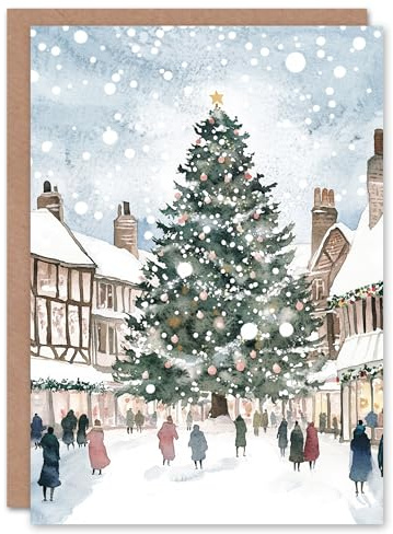 Artery8 English Town Square Decorated Tree Blank For Him Or Her Art Xmas Festive Christmas Card