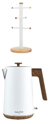 Salter Toronto 1.7L Kettle & Mug Tree – Rapid Boil Kettle with Limescale Filter and Auto Shut-Off Function, 6 Branch Cup Holder for Coffee Mugs, Acacia Wood, Freestanding, White