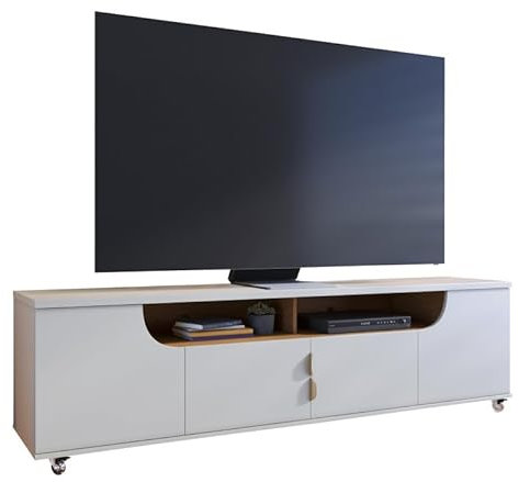 Meuble TV 75 Pouces Blanc Grisé et Chêne 4 Portes 8 Niches roulettes L 200 H 55 P 38 cm