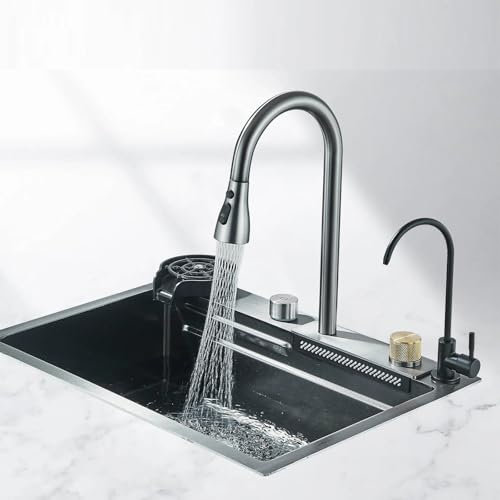 Küchenspüle aus Edelstahl mit Becherspüler, Wasserhahn, großer Einzelschüssel mit Seifenspender, Wasserfall- und Regenfunktion, 4-Funktionen System, Spülbecken Spüle 60x45cm