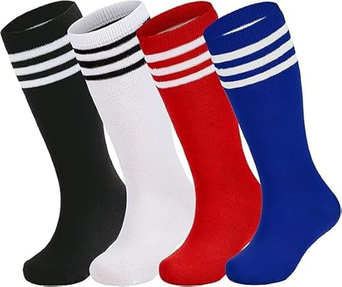 Zando Unisex Stutzen Kinder Fußball，4 Paar Fußball Socken Kinder, Fussballsocken Für Jungen Und Mädchen Alter 3-9 Jahre, Schwarz/Weiß/Rot/Saphirblau, 6-9 Jahre
