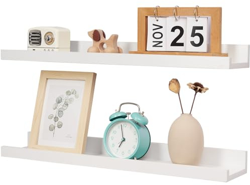 Conamily Wandregal Weiß, 40cm 2er-Set Massivholz Wandregal Rustikales Wandbilderregal mit Lippe für Schlafzimmer, Wohnzimmer, Küche, Badezimmer