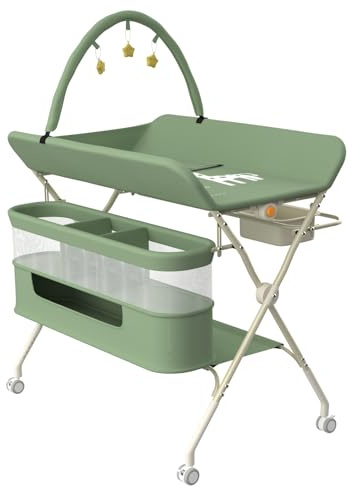 HUOLE Table à Langer avec roulettes, avec Panier de Rangement à Côté Structure en Fer Charge Max 25KG pour Nouveaux-Nés Design Ergonomique, Rangement,pour Nouveau-né,75 * 68 * 83-91cm (B) Vert