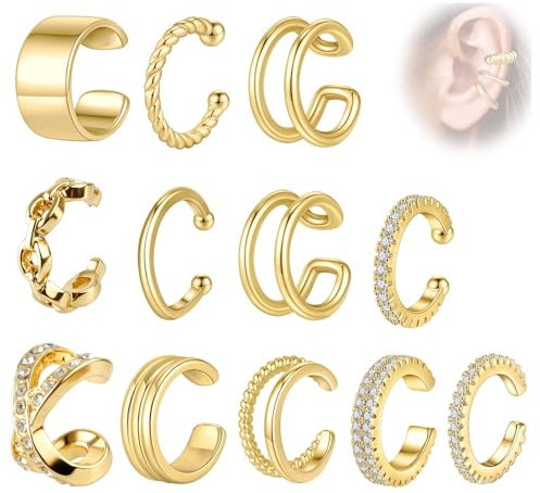 BRITIVIVE Ear Cuff Gold 12 Stück Ohrringe Ohne Ohrloch Fake Helix Unechte Piercings Ohr Fake Piercing für Damen Ungepiercte Verstellbare Ohrmanschetten