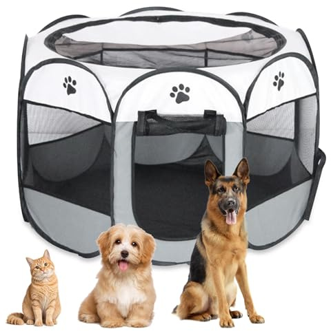 Welpenauslauf Faltbare Hundebox für Zuhause Welpenlaufstall Tragbarer Haustier Hundezaun, Wasserdichtes Oxford-Tuch Laufstall Hund, Katzenkäfig Hundekäfig für Katzen Hunde Kaninchen (Grau, S, 8)