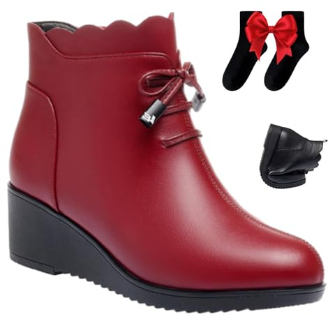 Botines ortopédicos de piel auténtica con cordones para mujer, con plataforma de cuña, botas de invierno cálidas con cremallera lateral y forro de piel