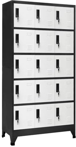 Hoopleep Schließfachschrank Anthrazit-Weiß, 90x40x180 cm, robuster Stahl-Aufbewahrungsschrank mit 15 verschließbaren Türen, Lüftungsschlitzen, Namensschildhaltern, ideal für Büro, Schule