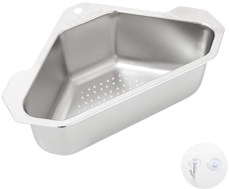 Sink Colander Drain Basket - 24.6cm Sink Colander Drain Basket | Multi-Functional Coĺander, Stainless Steel Triangle Shape, Multipurpose Corner Kitchen Filter Storage, Dishwashing Rack